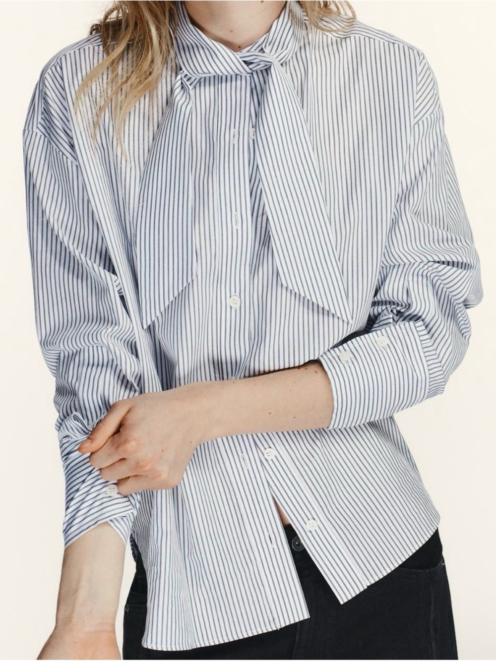 Zara Blue and White Pinstripe Tie-Neck Blouse